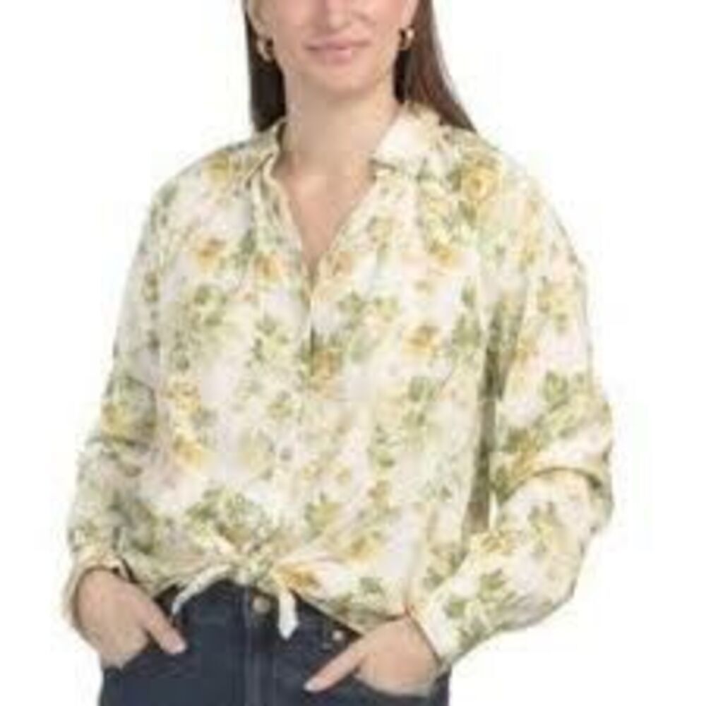 Laura Ashley Linen Blend Button Down Shirt Sz L Floral Cottagecore